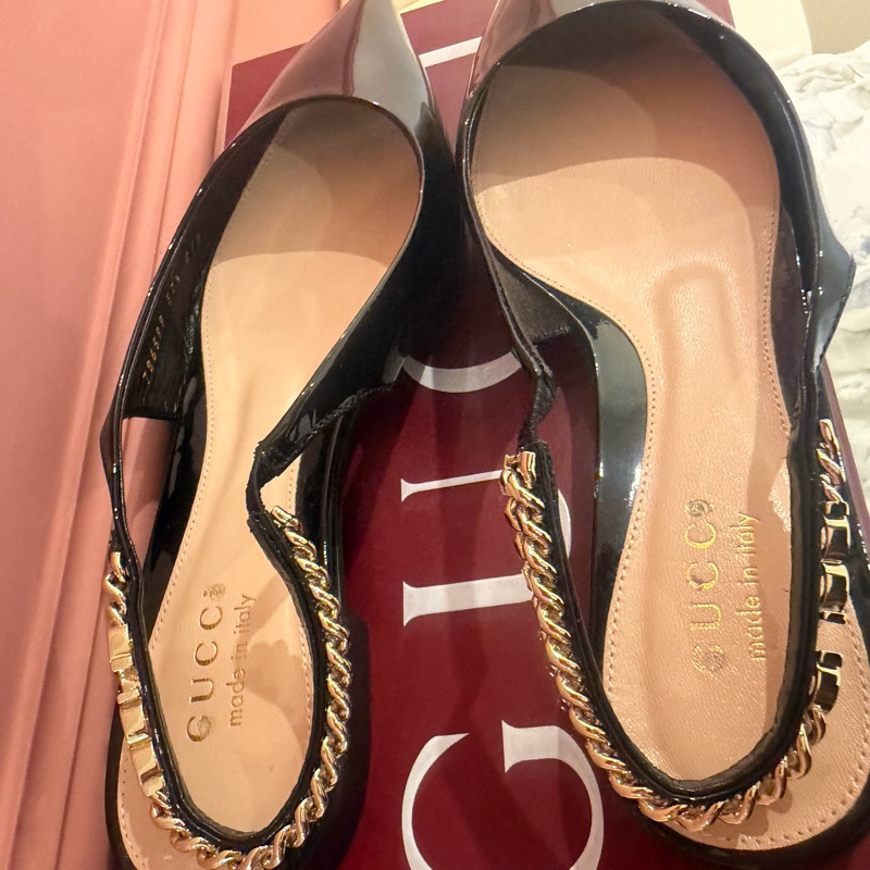【私藏出清】正品經典🖤Gucci 漆皮金屬鍊帶露跟鞋✨ (Slingback Pumps)-51