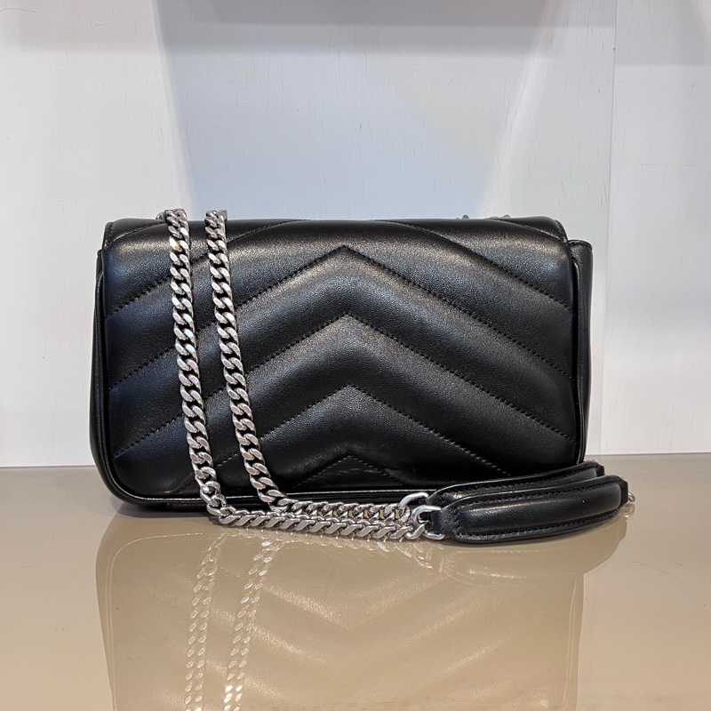 YSL 黑羊皮V型紋LouLou MateLasse絎縫銀釦下蓋肩斜背鏈包-1