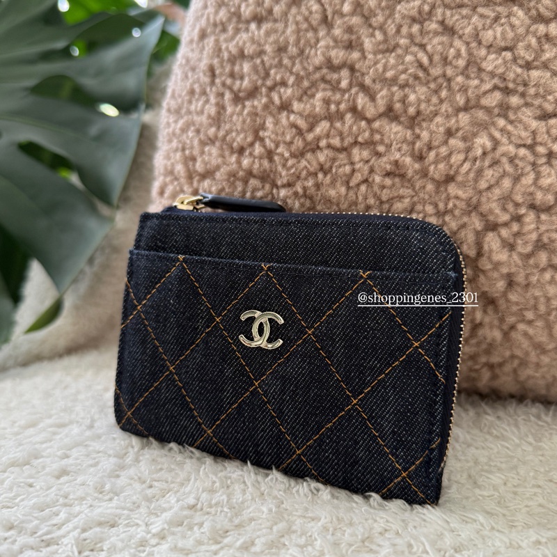 香奈兒 Chanel 26P 牛仔布走橘線 短版L卡包 全新品-1