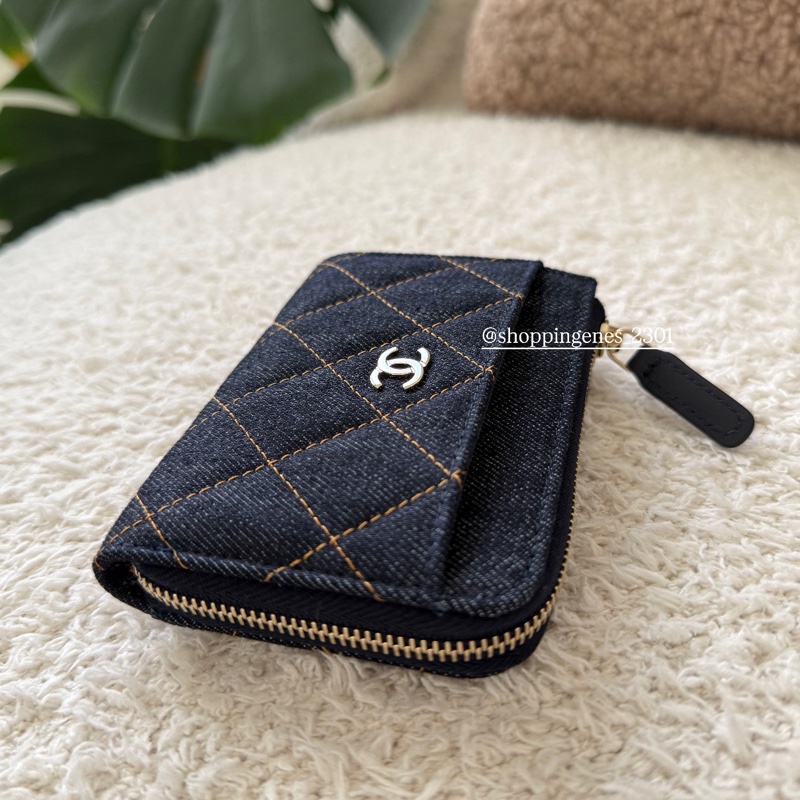 香奈兒 Chanel 26P 牛仔布走橘線 短版L卡包 全新品-4