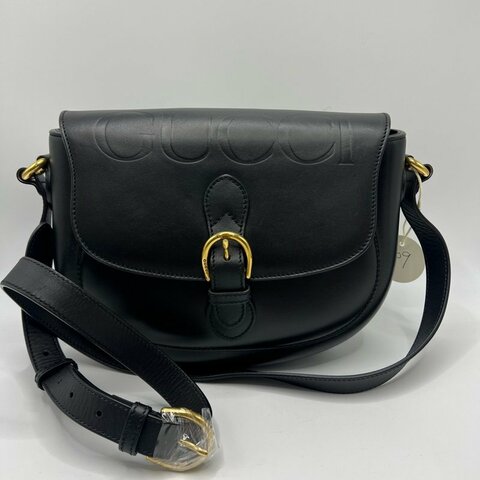 Gucci Embossed全皮压纹logo复古马鞍包 黑色很高级百搭