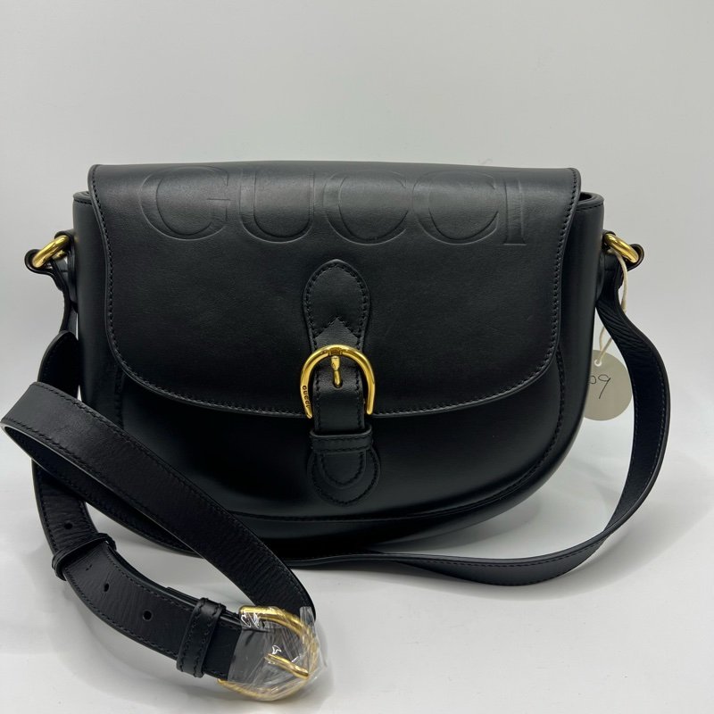 Gucci Embossed全皮压纹logo复古马鞍包 黑色很高级百搭-0