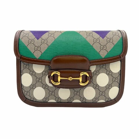 【秀場限定款】 GUCCI古馳 Horsebit 1955 馬銜扣老花Logo彩色幾何印花 帆布拼皮 馬鞍包單肩斜挎包 小號 男女同款 烏木色/棕色