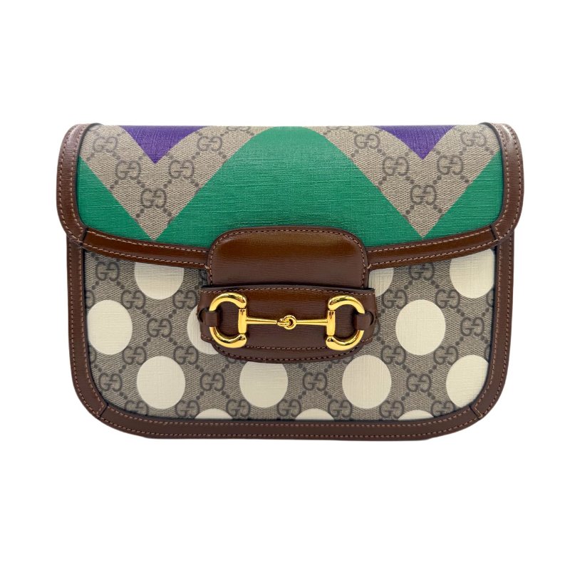 【秀場限定款】 GUCCI古馳 Horsebit 1955 馬銜扣老花Logo彩色幾何印花 帆布拼皮 馬鞍包單肩斜挎包 小號 男女同款 烏木色/棕色-0