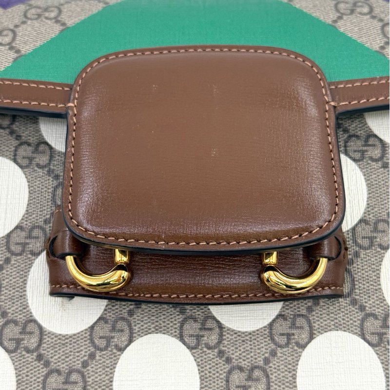 【秀場限定款】 GUCCI古馳 Horsebit 1955 馬銜扣老花Logo彩色幾何印花 帆布拼皮 馬鞍包單肩斜挎包 小號 男女同款 烏木色/棕色-9
