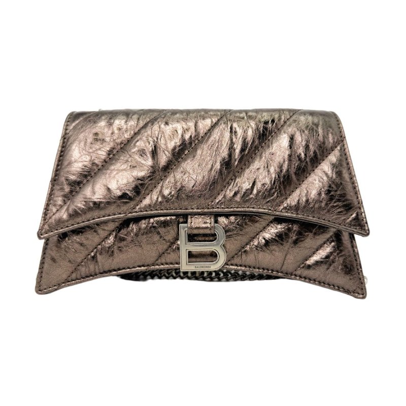 Balenciaga巴黎世家 絎縫圖案銀色搭扣 皮革 斜挎單肩包 女款 古銅色-0