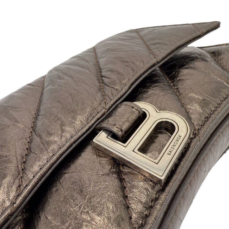 Balenciaga巴黎世家 絎縫圖案銀色搭扣 皮革 斜挎單肩包 女款 古銅色-6