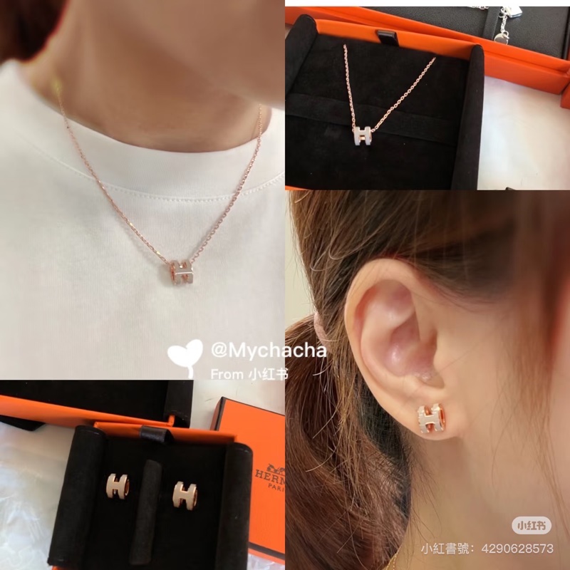 「M.Y精品」 Hermes 🐎家 mini pop h 耳針 奶白玫瑰金-3