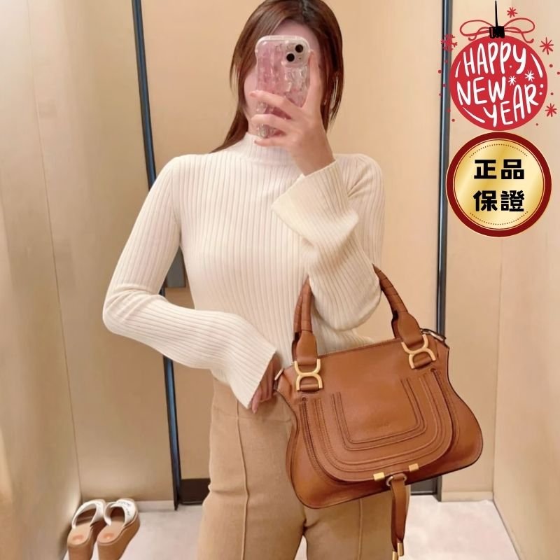 🎊新年特賣🧧Chloe 粒面小牛皮中款雙提把 Marcie包 焦糖色-0