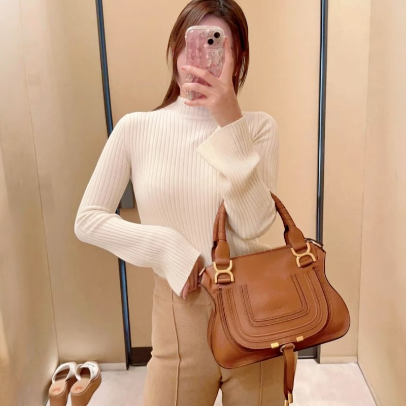 🎊新年特賣🧧Chloe 粒面小牛皮中款雙提把 Marcie包 焦糖色-7