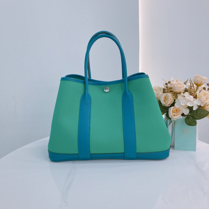 MS0504 Hermes 愛馬仕 花園包 手提 帆布 綠色拼藍色 銀扣  Garden Party 30 Canvas 6W Menthe and 7W Bleu Izmir x PHW-1