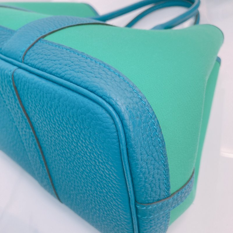 MS0504 Hermes 愛馬仕 花園包 手提 帆布 綠色拼藍色 銀扣  Garden Party 30 Canvas 6W Menthe and 7W Bleu Izmir x PHW-6