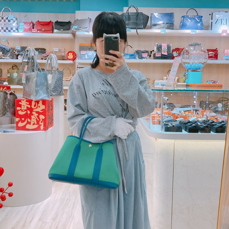 MS0504 Hermes 愛馬仕 花園包 手提 帆布 綠色拼藍色 銀扣  Garden Party 30 Canvas 6W Menthe and 7W Bleu Izmir x PHW-15