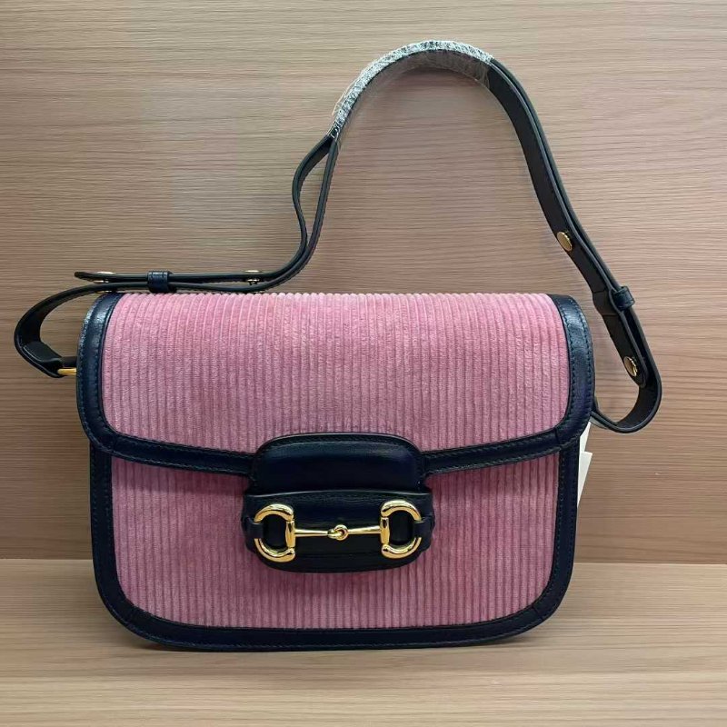 Gucci古驰1955灯芯绒粉色马鞍包 手提單肩斜挎肩帶可調節-0
