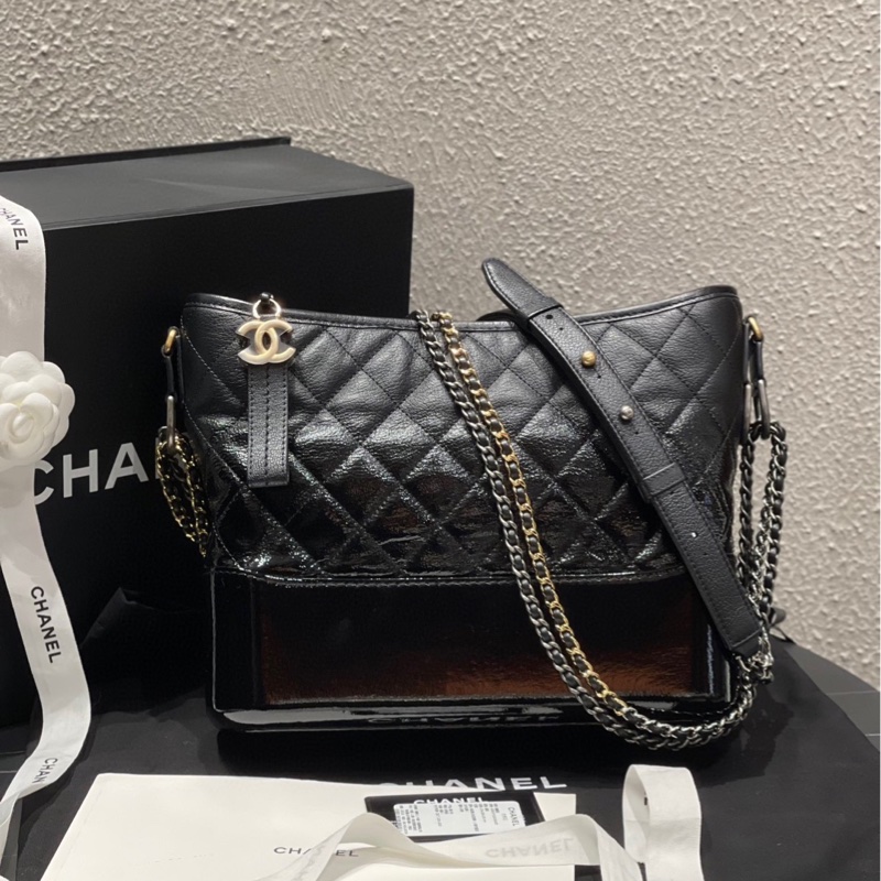 Chanel 香奈兒黑金山羊皮拼漆皮漸變流浪包中號 26開 附件身份卡-0