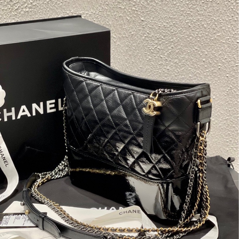 Chanel 香奈兒黑金山羊皮拼漆皮漸變流浪包中號 26開 附件身份卡-1