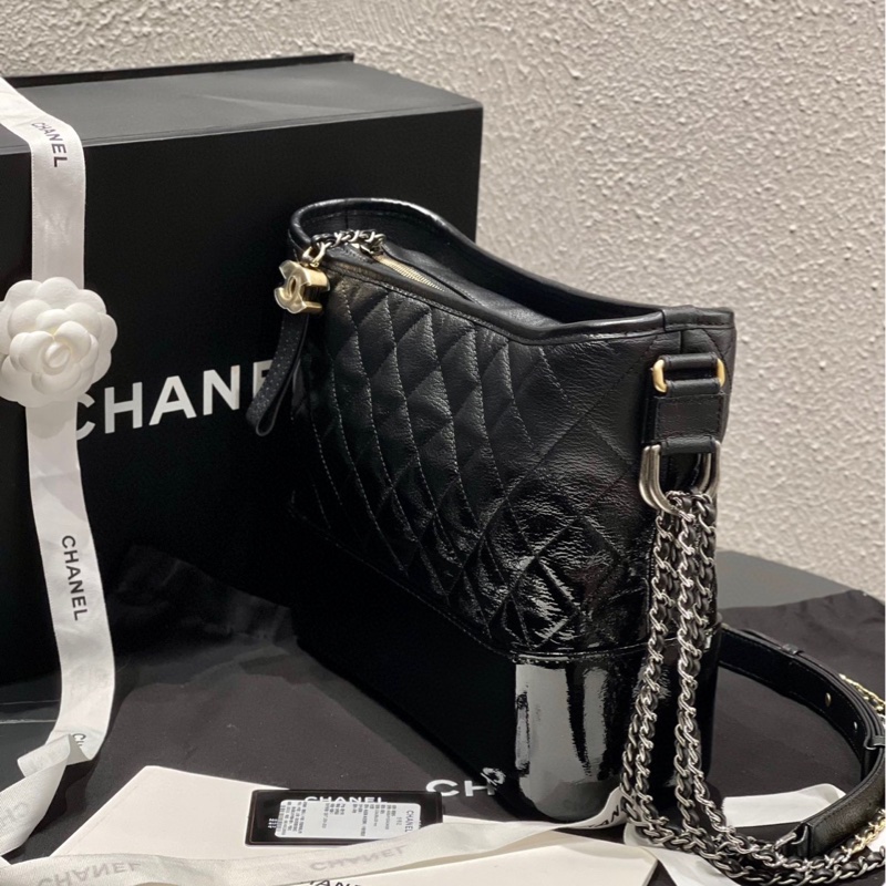 Chanel 香奈兒黑金山羊皮拼漆皮漸變流浪包中號 26開 附件身份卡-2