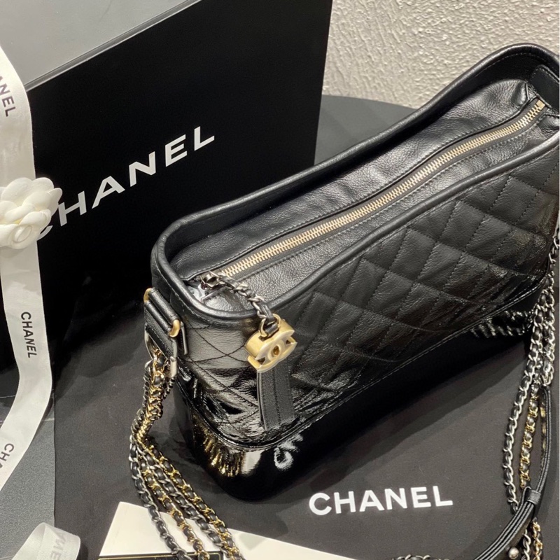 Chanel 香奈兒黑金山羊皮拼漆皮漸變流浪包中號 26開 附件身份卡-4