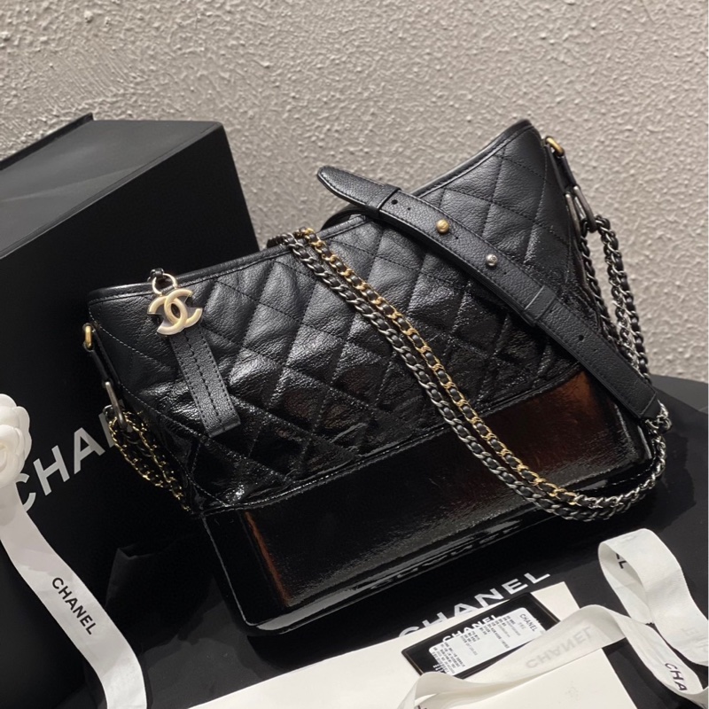 Chanel 香奈兒黑金山羊皮拼漆皮漸變流浪包中號 26開 附件身份卡-6