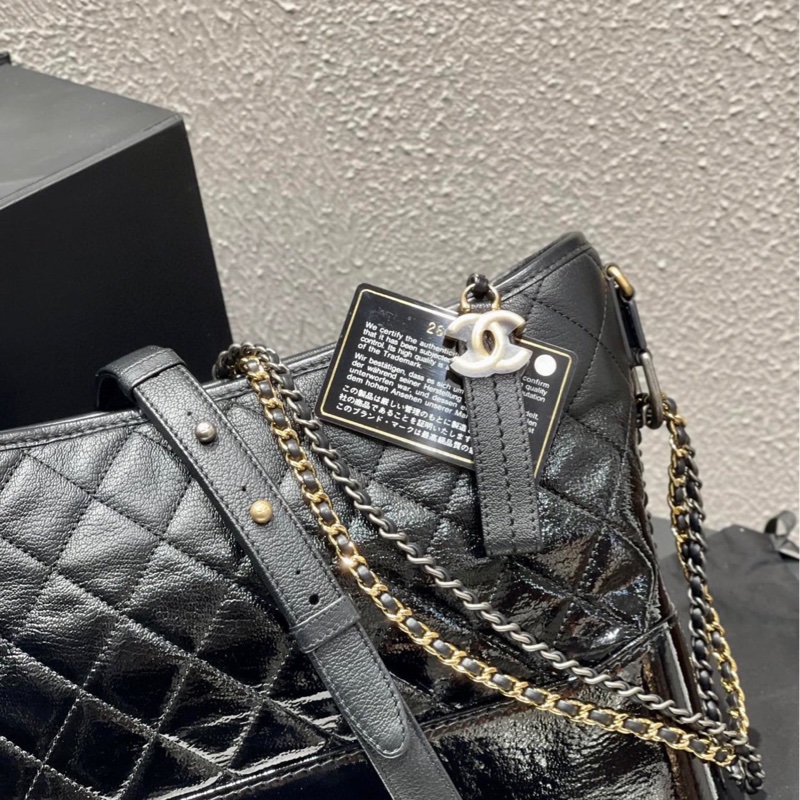 Chanel 香奈兒黑金山羊皮拼漆皮漸變流浪包中號 26開 附件身份卡-7