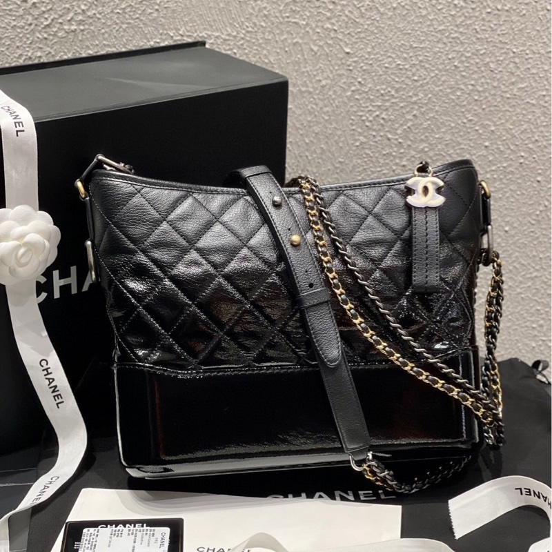 Chanel 香奈兒黑金山羊皮拼漆皮漸變流浪包中號 26開 附件身份卡-8