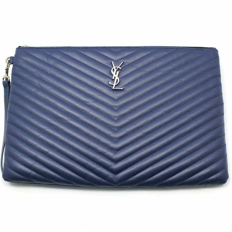 【包稅】SAINT LAURENT 藍色馬特拉塞凸紋花押字手拿包-2