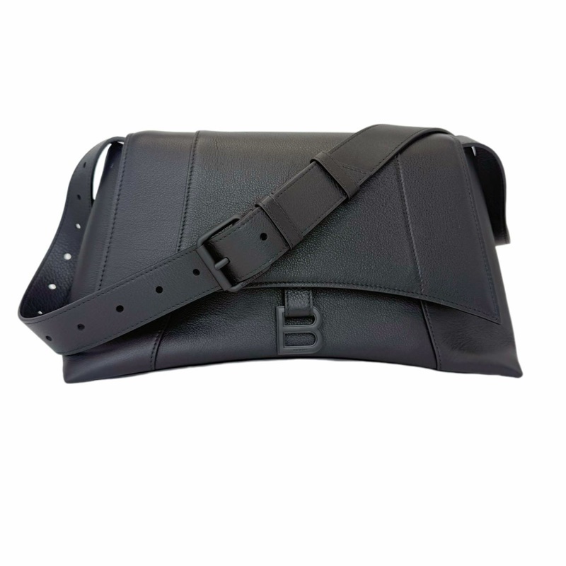 Balenciaga 巴黎世家 Downtown 啞光翻蓋開合All Black 黑扣 牛皮 沙漏包 單肩包 斜挎包 手提包 中號 黑色-0