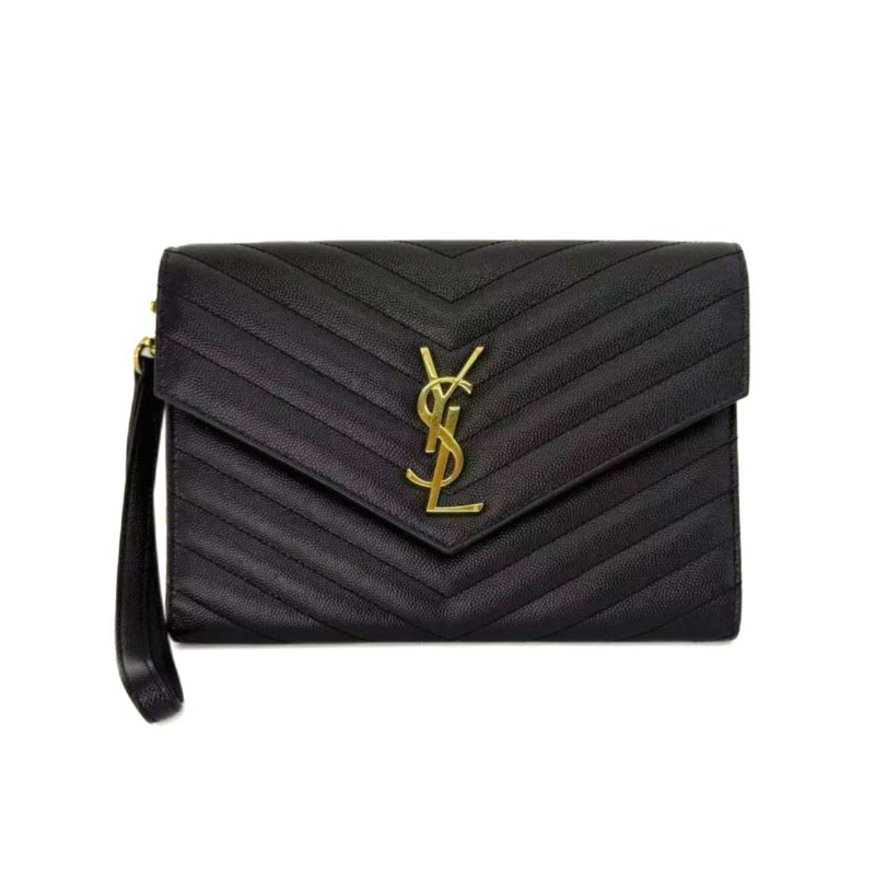 YSL Monogram 中号黑金 荔枝紋 信封斜挎包-0
