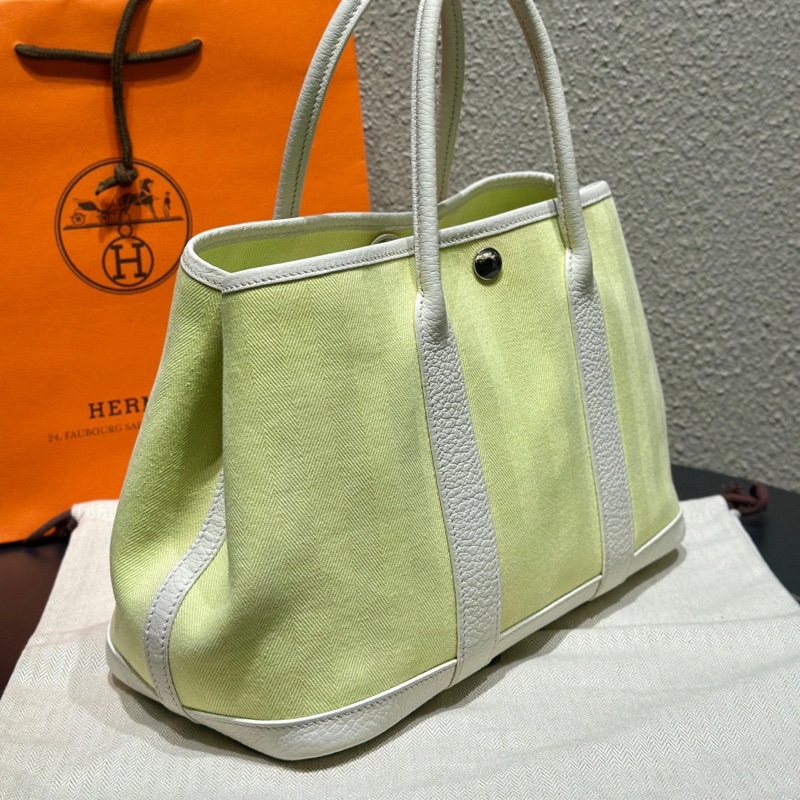 Hermes Garden Party30嫩芽綠拼奶昔白銀扣帆布花園包手提包  T刻-2