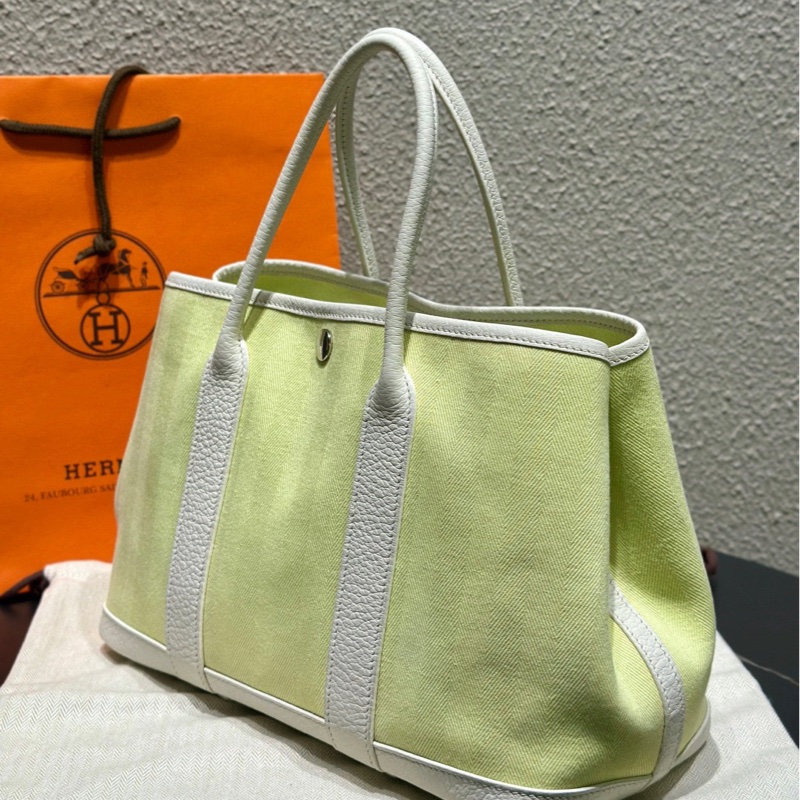 Hermes Garden Party30嫩芽綠拼奶昔白銀扣帆布花園包手提包  T刻-3