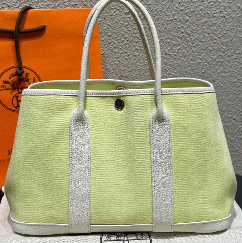 Hermes Garden Party30嫩芽綠拼奶昔白銀扣帆布花園包手提包  T刻-6