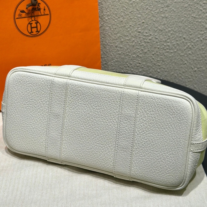 Hermes Garden Party30嫩芽綠拼奶昔白銀扣帆布花園包手提包  T刻-7