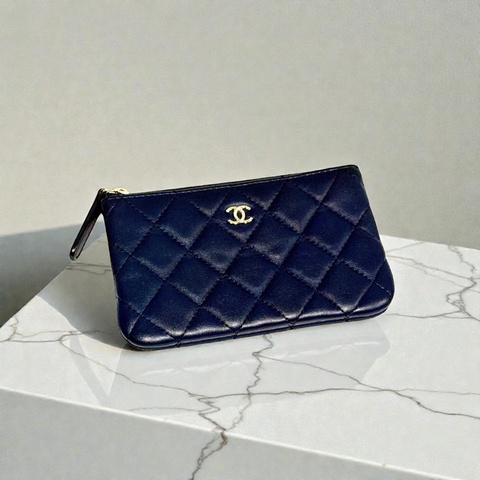 莉亞精品♡ Chanel ㄧ字零錢包 深藍 二手美品