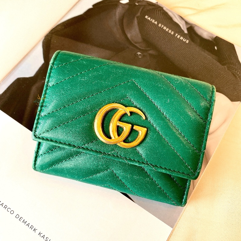 GUCCI 474802 GG Marmont 馬夢系列 復古金 雙G 綠色 全皮 翻蓋 釦式短夾 零錢袋-0