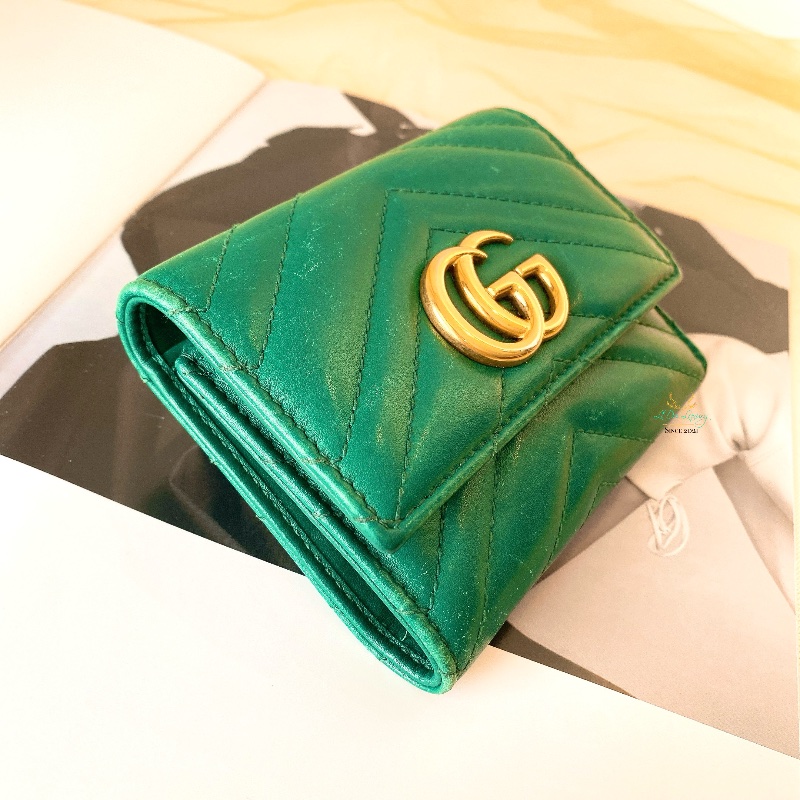 GUCCI 474802 GG Marmont 馬夢系列 復古金 雙G 綠色 全皮 翻蓋 釦式短夾 零錢袋-1