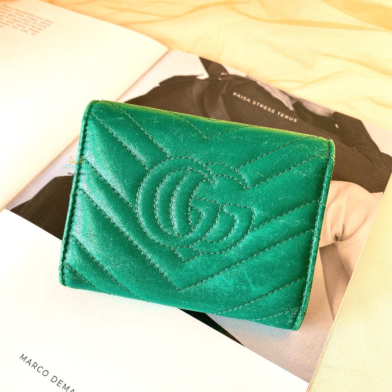 GUCCI 474802 GG Marmont 馬夢系列 復古金 雙G 綠色 全皮 翻蓋 釦式短夾 零錢袋-2