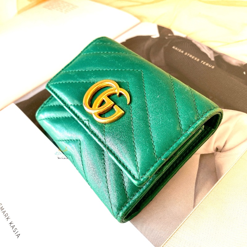 GUCCI 474802 GG Marmont 馬夢系列 復古金 雙G 綠色 全皮 翻蓋 釦式短夾 零錢袋-3