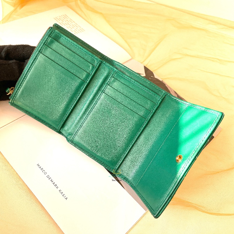 GUCCI 474802 GG Marmont 馬夢系列 復古金 雙G 綠色 全皮 翻蓋 釦式短夾 零錢袋-8