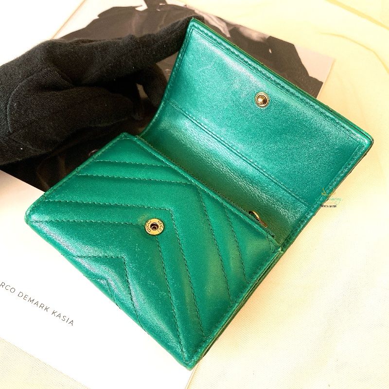 GUCCI 474802 GG Marmont 馬夢系列 復古金 雙G 綠色 全皮 翻蓋 釦式短夾 零錢袋-10