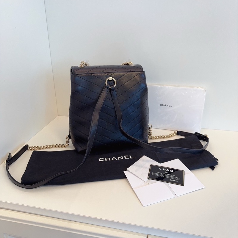 Chanel 黑金復古V紋牛皮後背包25*23*14  98新配件塵袋保卡購證-5