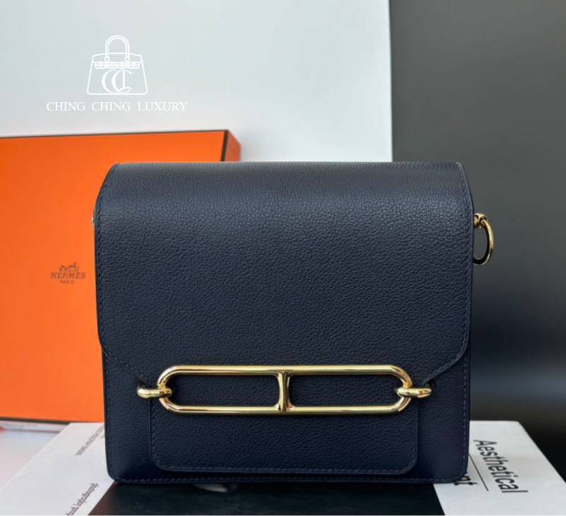 🌈Hermes💙Mini Roulis 19💙午夜藍金扣🌟98.5新🌟evercolor皮🌟愛馬仕🌟-0