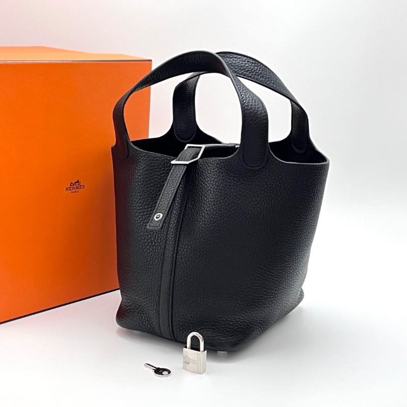 HERMES 黑銀扣菜籃子18手提袋18*18*13 98新配件盒子鑰匙鎖-1