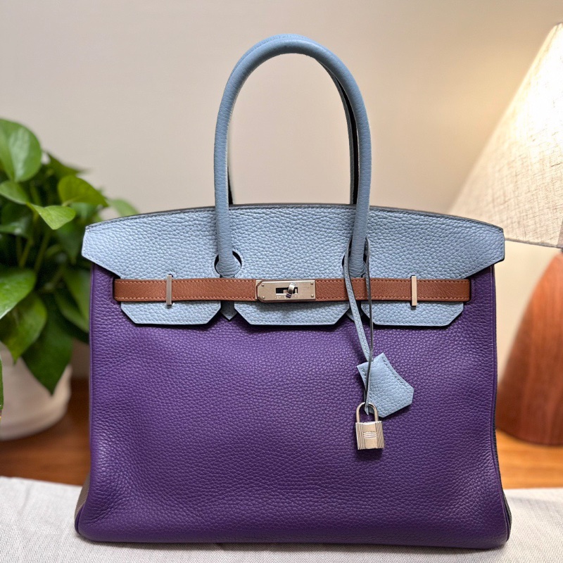 HERMES 劉亦菲同款限量六拼色銀扣 Birkin35手提包35*28*18 98新配件塵袋鎖鑰匙-0