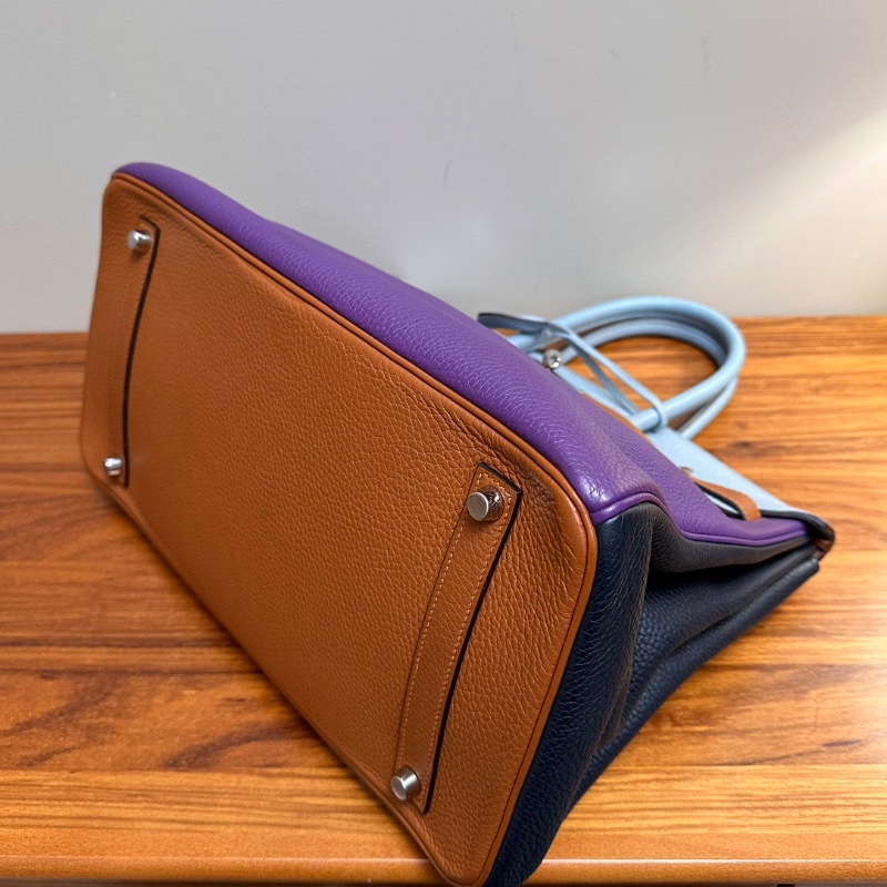 HERMES 劉亦菲同款限量六拼色銀扣 Birkin35手提包35*28*18 98新配件塵袋鎖鑰匙-2