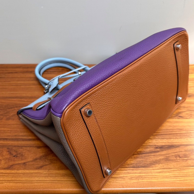 HERMES 劉亦菲同款限量六拼色銀扣 Birkin35手提包35*28*18 98新配件塵袋鎖鑰匙-4