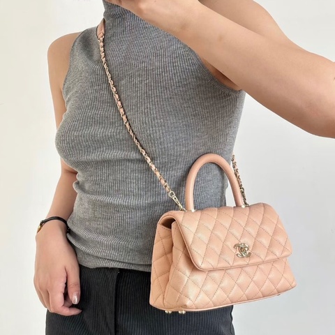 Chanel Cocohandle  粉色 淡金扣荔枝皮23*14*9 99新配件塵袋
