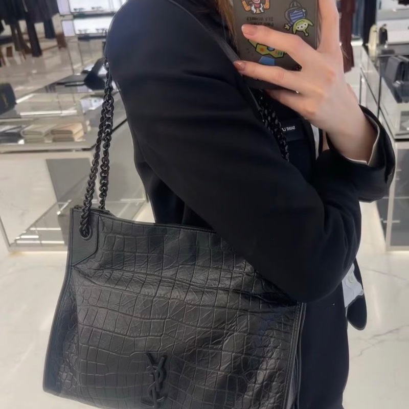 YSL NikiShoppingBag托特包黑色鰐魚壓紋中號33*27*11 98新配件塵袋-0