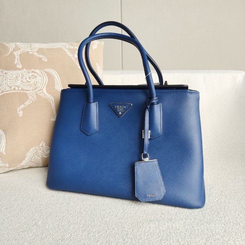 Prada Double系列手提斜背包藍色銀扣32*22*16  98新配件塵袋-3