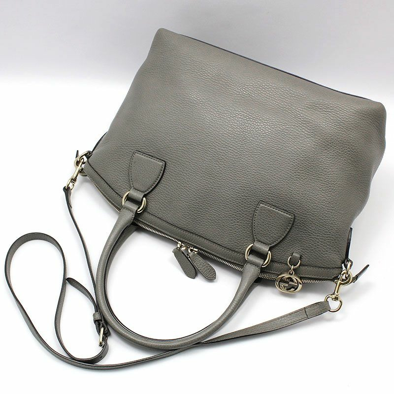 【包稅】GUCCI 灰色皮革金色雙G互扣圓頂肩背包-2