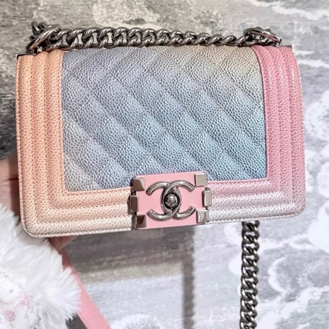 CHANEL 香奈兒 Lenox 漸變彩虹菱格紋牛皮銀扣鏈條包單肩包  美人魚色